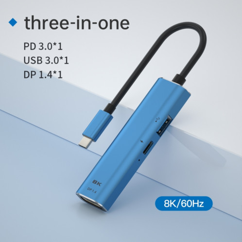 V264B 3 en 1 USB-C / Type-C vers USB3.0 + PD3.0 + DP1.4 Adaptateur multi-séparateur 3 ports OTG HUB SH21111352-06