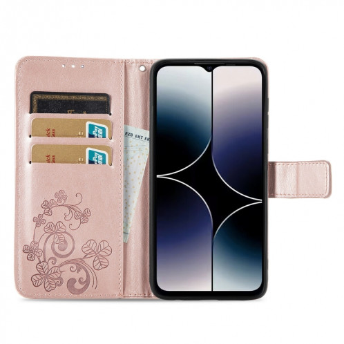 Pour Ulefone Note 16 Pro Étui de téléphone en cuir à boucle en relief à fermoir à quatre feuilles (or rose) SH901B55-05