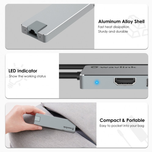 Wavlink UHP3409 pour MacBook Pro/Air USB-C ordinateurs portables Windows 100W PD Mini Station d'accueil SW32081320-08