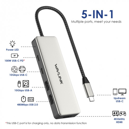 Wavlink UHP3415 85W Power Delivery USB-C/Type-C 10Gbps Hub Adaptateur de connexion multiport 5 en 1 SW3209689-08