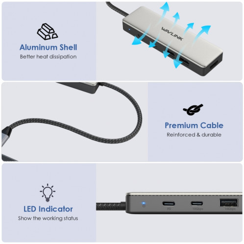 Wavlink UHP3415 85W Power Delivery USB-C/Type-C 10Gbps Hub Adaptateur de connexion multiport 5 en 1 SW3209689-08