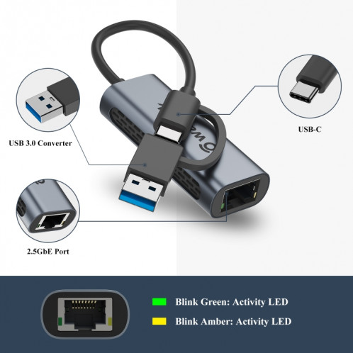 Wavlink NWU330GCA Adaptateur Ethernet Gigabit Type-C vers 2.5 Carte réseau RJ45 LAN USB3.0 Convertisseur SW32331048-07