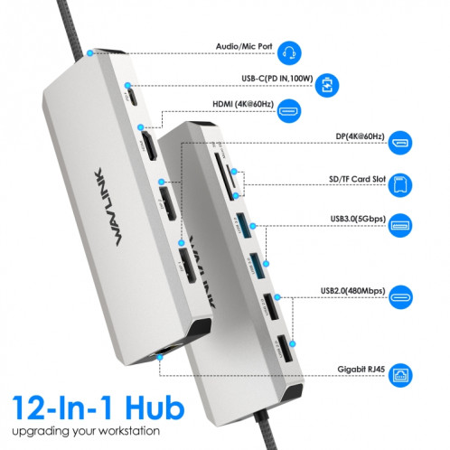 Wavlink UMD303 Adaptateur multiport HDMI 4K HUB USB-C Station d'accueil pour ordinateur portable triple moniteur 12-en-1 SW32361047-07