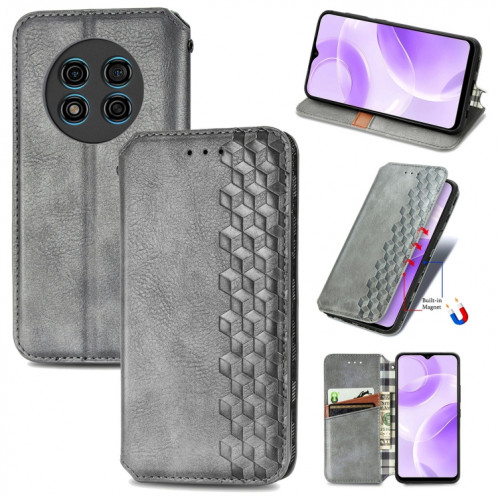 Pour Ulefone Note 15 Étui de téléphone en cuir magnétique pressé à grille cubique (gris) SH701C1022-08