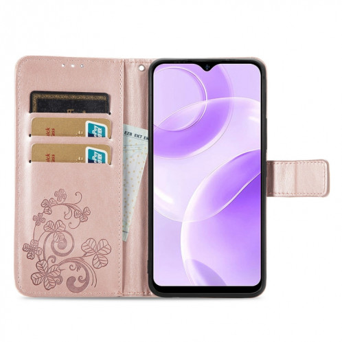 Pour Ulefone Note 15 Étui de téléphone en cuir avec boucle en relief à quatre feuilles (or rose) SH101A1170-05