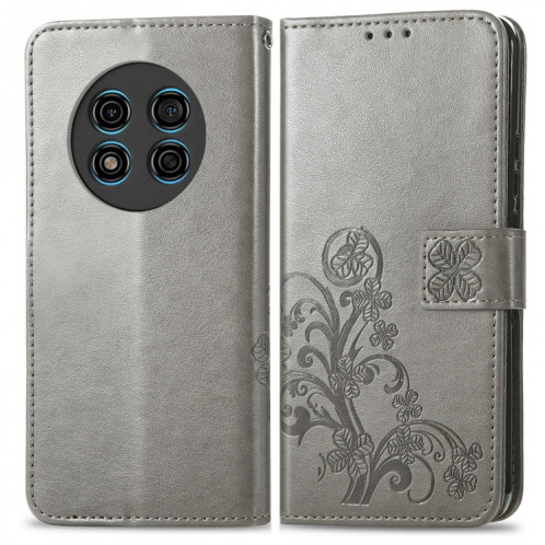 Pour Ulefone Note 15 Étui de téléphone en cuir à boucle en relief avec fermoir à quatre feuilles (gris) SH101D436-05