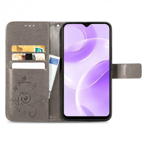 Pour Ulefone Note 15 Étui de téléphone en cuir à boucle en relief avec fermoir à quatre feuilles (gris) SH101D436-05