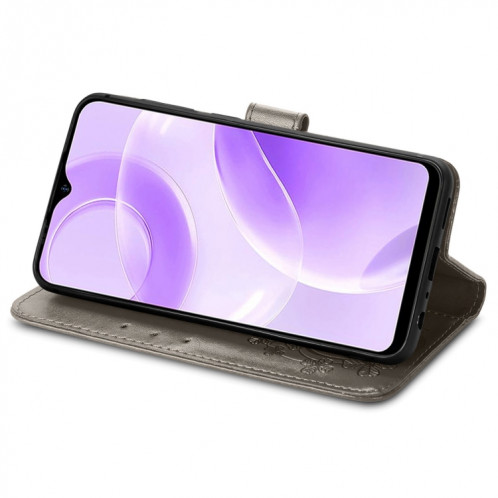Pour Ulefone Note 15 Étui de téléphone en cuir à boucle en relief avec fermoir à quatre feuilles (gris) SH101D436-05