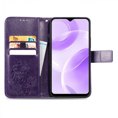 Pour Ulefone Note 15 Étui de téléphone en cuir à boucle en relief avec fermoir à quatre feuilles (violet) SH101E1599-05