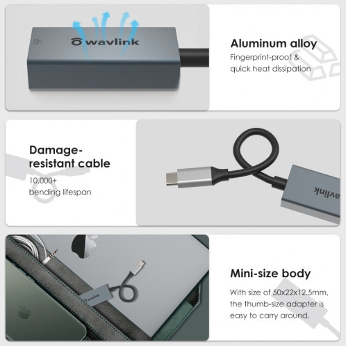 WAVLINK NWU329GC Type-C vers RJ45 LAN Convertisseur de câble réseau Adaptateur Ethernet Gigabit SW4068225-07