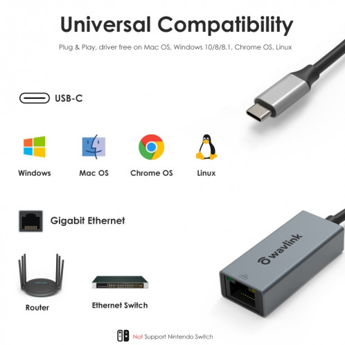 WAVLINK NWU329GC Type-C vers RJ45 LAN Convertisseur de câble réseau Adaptateur Ethernet Gigabit SW4068225-07