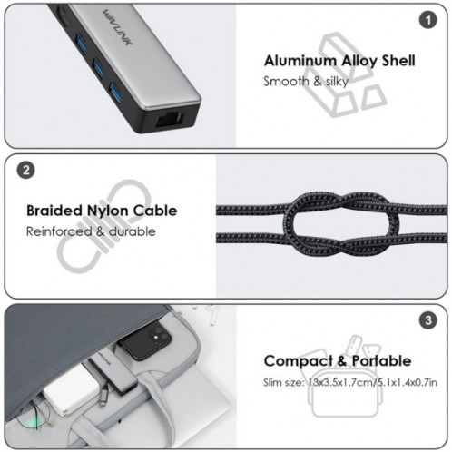 WAVLINK UHP3413 6 en 1 4K Thunderbolt 3 appareils Type-C Adaptateur Hub Station d'accueil USB-C SW4272193-08
