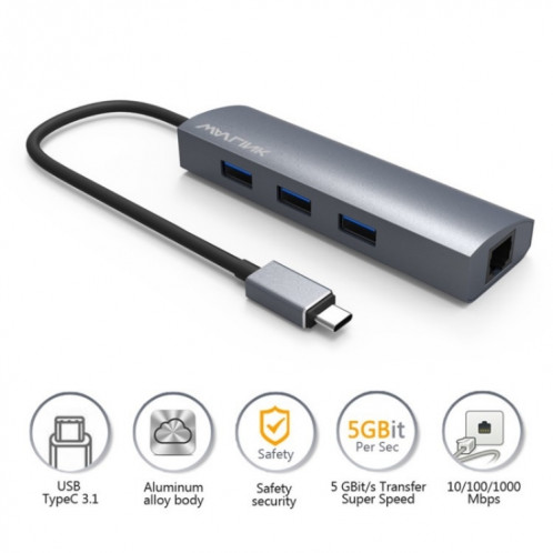 Adaptateur Hub haute vitesse Gigabit WAVLINK UH3031G/C Type-C vers 3 x USB 3.0 + USB-C + RJ45 + port d'alimentation CC SW42731753-08