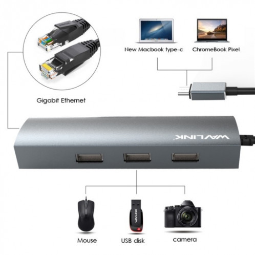 Adaptateur Hub haute vitesse Gigabit WAVLINK UH3031G/C Type-C vers 3 x USB 3.0 + USB-C + RJ45 + port d'alimentation CC SW42731753-08