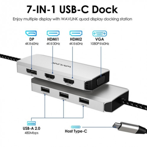 WAVLINK UMD304 Convertisseur USB-C vers Dual HD 4K 60Hz HUB 7-en-1 Station d'accueil pour ordinateur portable SW4274882-010