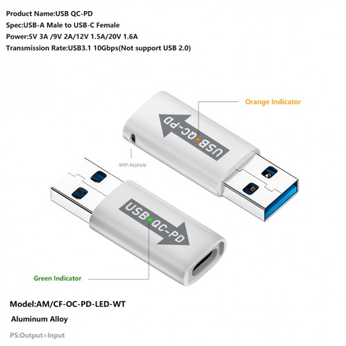 Adaptateur convertisseur USB-A mâle QC3.1 vers Type-C femelle PD 10 Gbps, modèle : blanc avec voyant lumineux SH2901765-06