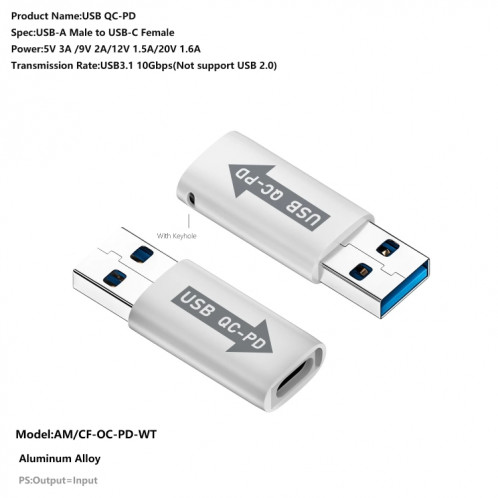 Adaptateur convertisseur USB-A mâle QC3.1 vers Type-C femelle PD 10 Gbps, modèle : blanc sans voyant lumineux SH29021574-06