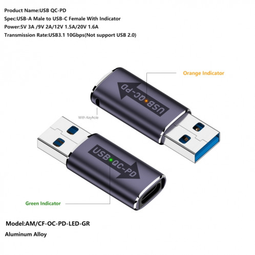 Adaptateur convertisseur USB-A mâle QC3.1 vers Type-C femelle PD 10 Gbps, modèle : gris avec voyant lumineux SH29031638-06