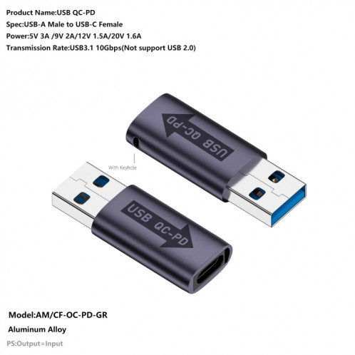 Adaptateur convertisseur USB-A mâle QC3.1 vers Type-C femelle PD 10 Gbps, modèle : gris sans voyant lumineux SH2904666-06