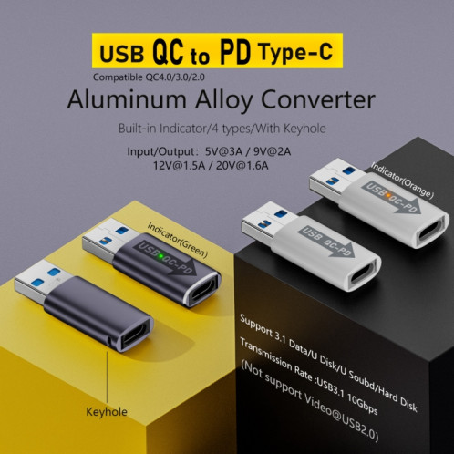 Adaptateur convertisseur USB-A mâle QC3.1 vers Type-C femelle PD 10 Gbps, modèle : gris sans voyant lumineux SH2904666-06