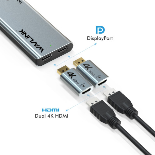 WAVLINK WL-UTD05H Thunderbolt 3 double mini convertisseur de station d'accueil 4K avec 2 adaptateurs DP vers HD SW4662299-07