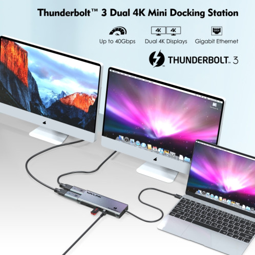 WAVLINK WL-UTD05H Thunderbolt 3 double mini convertisseur de station d'accueil 4K avec 2 adaptateurs DP vers HD SW4662299-07