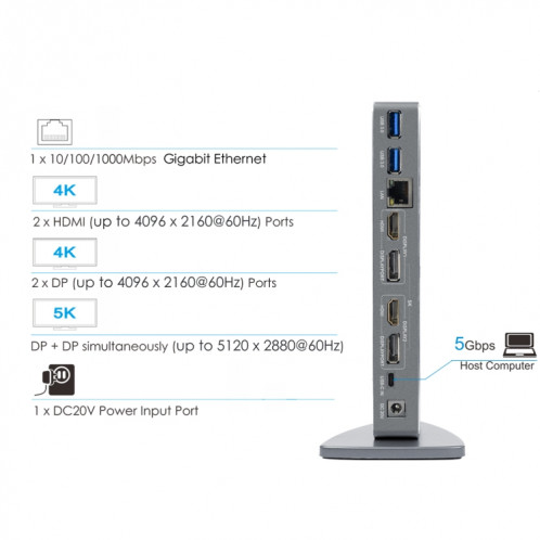 WAVLINK WL-UG69DK7 ordinateurs portables type-c Station d'accueil universelle de bureau adaptateur HUB en alliage d'aluminium (prise ue) SW201C611-07
