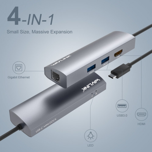 Adaptateur HUB USB WAVLINK WL-UHP3408 4-en-1 Type-C vers HD + 2xUSB3.0 + Station d'accueil Gigabit RJ45 SW4680422-09
