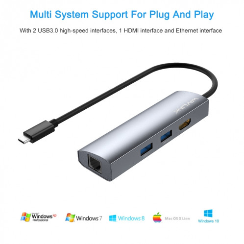 Adaptateur HUB USB WAVLINK WL-UHP3408 4-en-1 Type-C vers HD + 2xUSB3.0 + Station d'accueil Gigabit RJ45 SW4680422-09