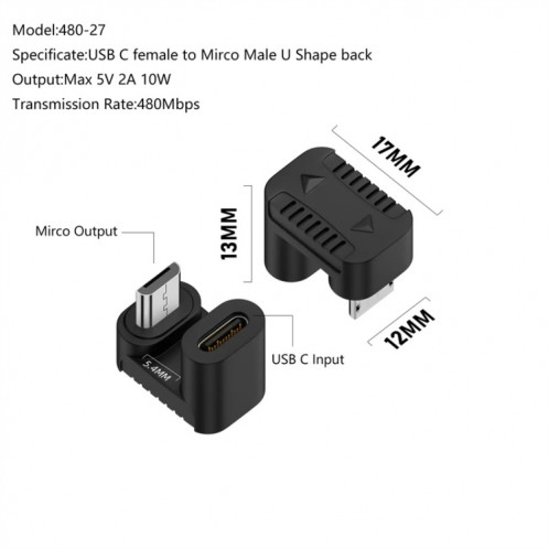 Adaptateur de type C femelle vers micro USB mâle, transmission de données, spécification : type C femelle vers micro mâle en forme de U. SH2701114-08