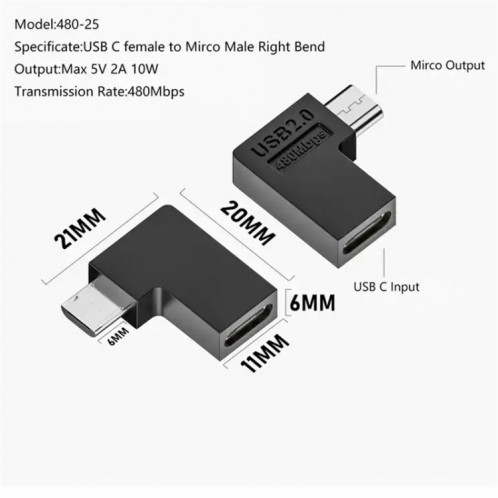 Adaptateur de type C femelle vers micro USB mâle, transmission de données, spécification : type C femelle vers micro mâle, coude droit. SH2703429-08
