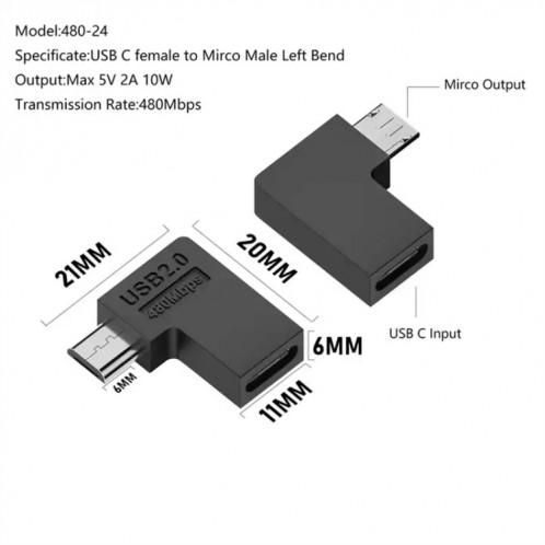 Adaptateur de type C femelle vers micro USB mâle, transmission de charge de données, spécification : type C femelle vers micro mâle, coude gauche. SH27041935-08