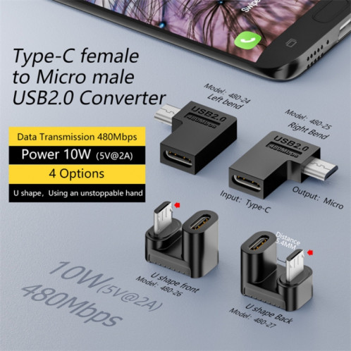 Adaptateur de type C femelle vers micro USB mâle, transmission de données, spécification : type C femelle vers micro mâle, coude droit. SH2703429-08
