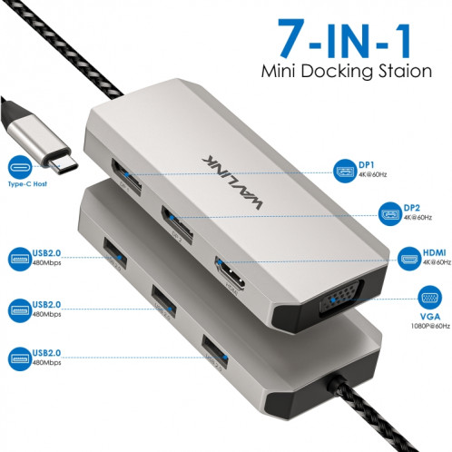 WAVLINK WL-UMD305 7 en 1 4K DP / HDMI Quard Display USB-C Hub Dock Adaptateur multiport SW4828822-08