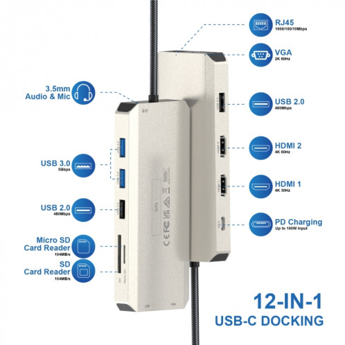 WAVLINK WL-UMD301 Adaptateur multiport 12 en 1 2 * HDMI + 1 * VGA Station d'accueil Hub USB-C triple affichage SW482986-08