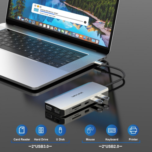 WAVLINK WL-UMD301 Adaptateur multiport 12 en 1 2 * HDMI + 1 * VGA Station d'accueil Hub USB-C triple affichage SW482986-08