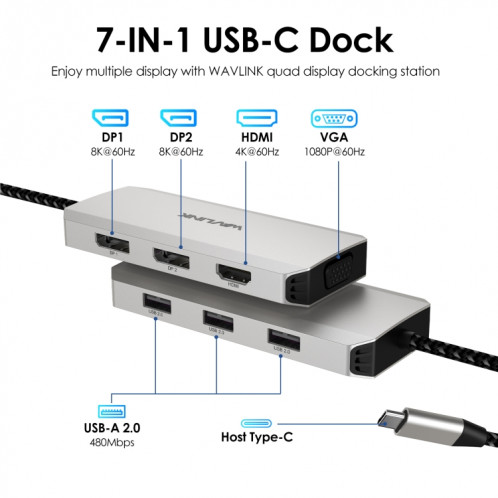 WAVLINK WL-UMD307 Type-C vers 2DP + 4K HD + VGA + 3 x Station d'accueil HUB USB2.0 SW4830996-011