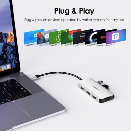 WAVLINK WL-UMD307 Type-C vers 2DP + 4K HD + VGA + 3 x Station d'accueil HUB USB2.0 SW4830996-011