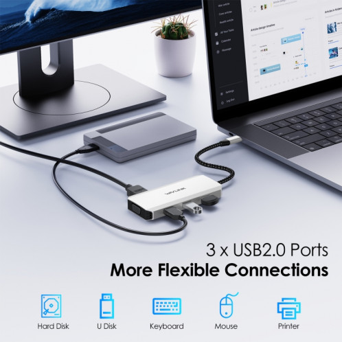 WAVLINK WL-UMD307 Type-C vers 2DP + 4K HD + VGA + 3 x Station d'accueil HUB USB2.0 SW4830996-011