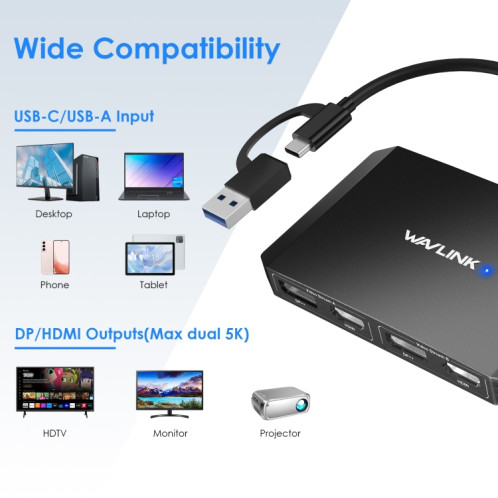 WAVLINK WL-UG69DH2 Répartiteur adaptateur double moniteur USB + Type-C vers double 4K HD DisplayPort (argent) SW401B638-09