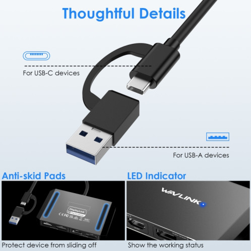 WAVLINK WL-UG69DH2 Répartiteur adaptateur double moniteur USB + Type-C vers double 4K HD DisplayPort (argent) SW401B638-09