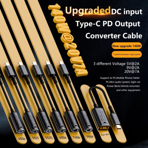 Adaptateur de charge d'ordinateur 140 W DC 5 V/9 V/20 V femelle vers USB-C/Type-C mâle (port carré jaune) SH601G1493-06