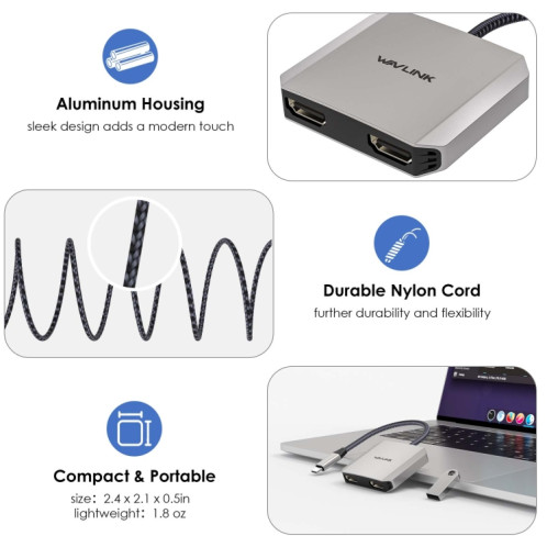 WAVLINK WL-UHP510Pro Convertisseur vidéo 4K/60 Hz Adaptateur USB-C mâle vers double HDMI femelle SW5662388-011