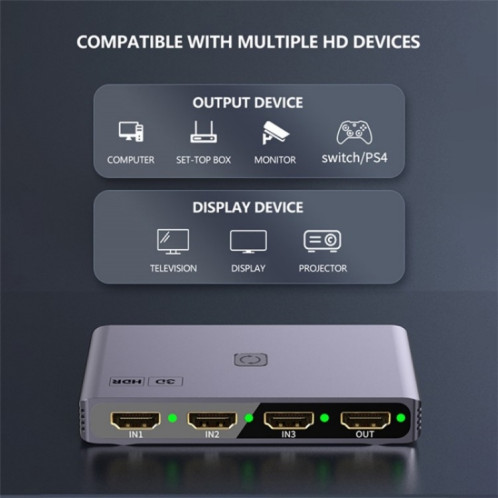 Q301 4K / 60hz HD adaptateur vidéo en alliage d'aluminium 3 entrées 1 sortie commutateur HDMI SH59671347-08