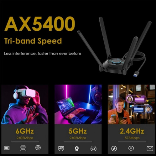WAVLINK WN695X2 AX5400 Dongle USB WiFi 6 Récepteur 4 Antennes Adaptateur Sans Fil Tri-Bande SW6707813-09