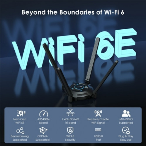 WAVLINK WN695X2 AX5400 Dongle USB WiFi 6 Récepteur 4 Antennes Adaptateur Sans Fil Tri-Bande SW6707813-09