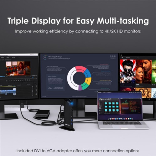 WAVLINK UG39PD1 Station d'accueil 13 en 1 Type-C pour triple moniteur 4K HD, prise : SW0803142-09