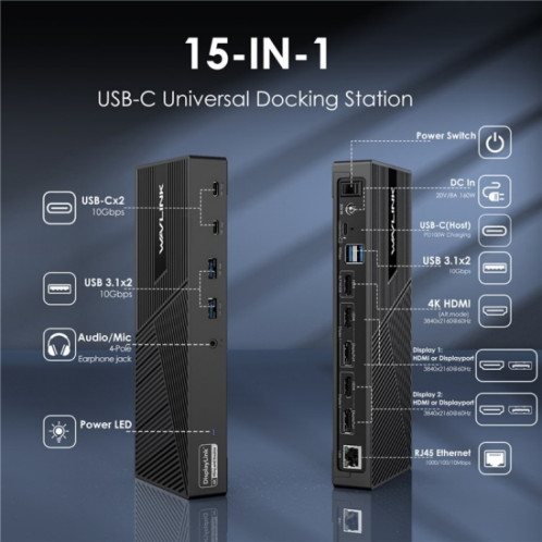 WAVLINK UG69PD25 Pro 100W PD chargeant une station d'accueil pour ordinateur portable à triple écran 4K, prise: prise britannique SW0903737-010