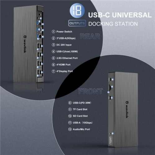WAVLINK UG69PD8 Pro Station d'accueil universelle USB C 18-en-1 DP/HD 5K quadruple écran, prise : prise britannique SW1003249-010