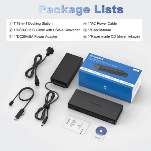 Station d'accueil universelle USB C 18 en 1 WAVLINK UG69PD8 Pro DP / HD 5K Quadruple écran, prise : prise AU SW1004112-010